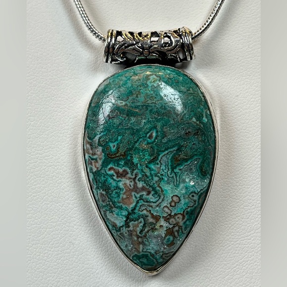 925 SILVER OVERLAY STATEMENT PENDANT MEXICAN LAGUNA LACE AGATE GEMSTONE - Picture 2 of 7